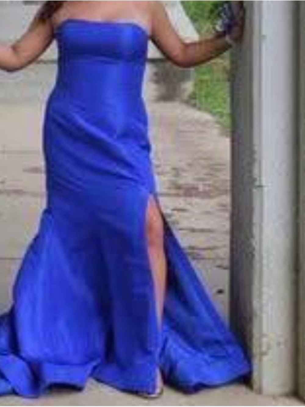 Strapless Royal Blue Evening Gown with Side Slit